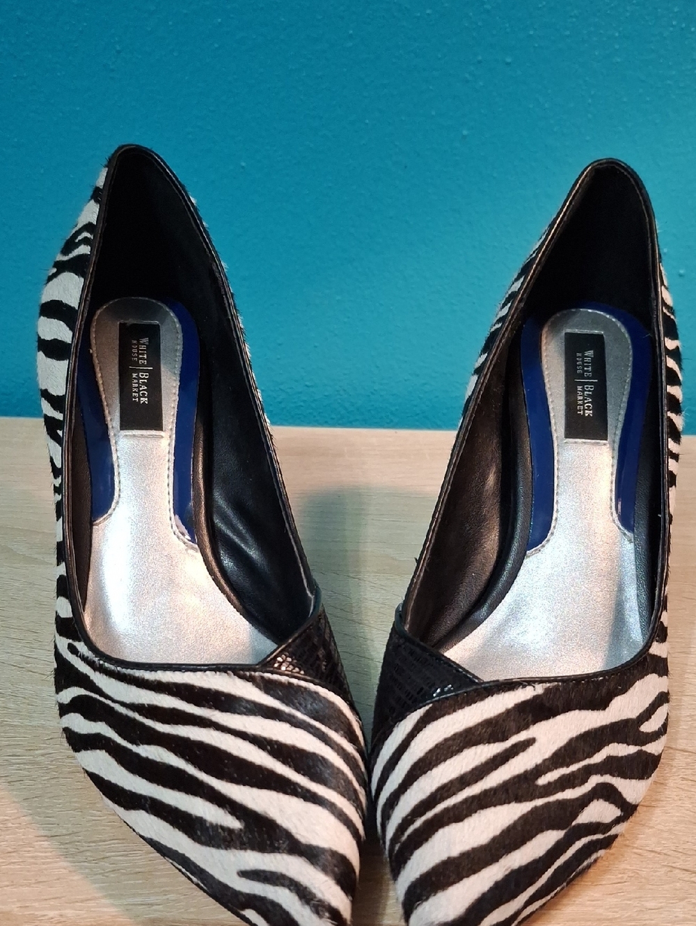 White House Black Market Monarch Zebra-Print Calf Hair Pointed Flats